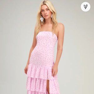 Lulus "Nellie Pink Polka Dot Ruffled Midi Dress"